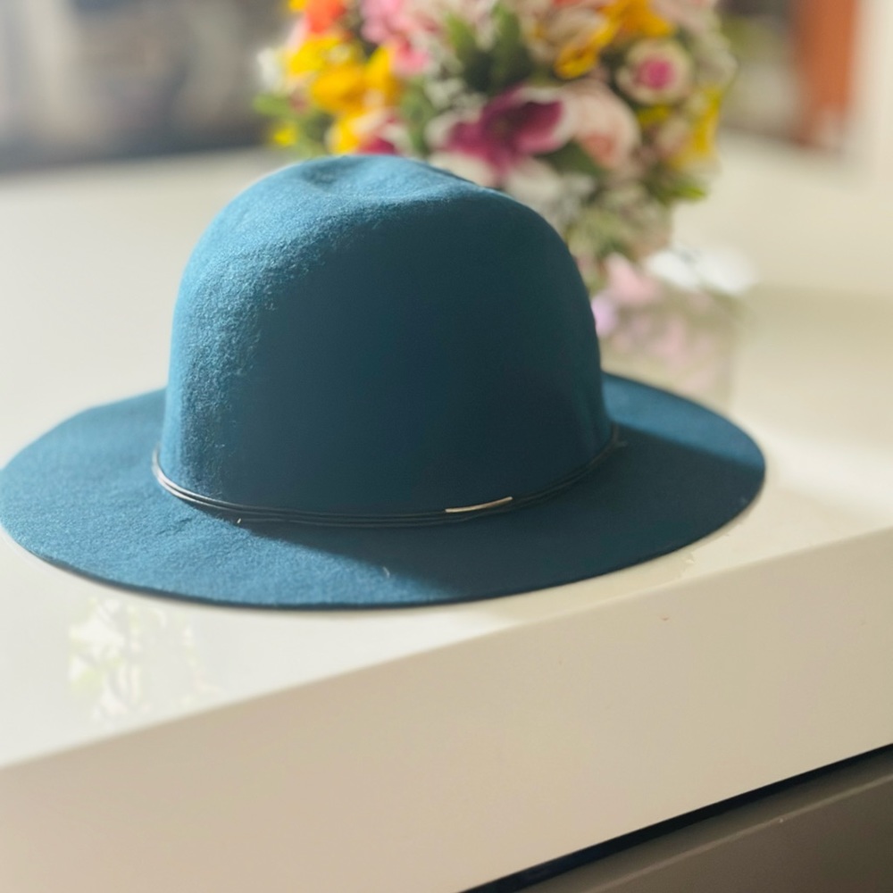 Hatattack navy blue wool hat with black leather trim